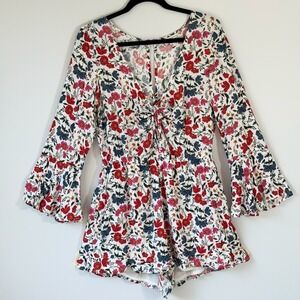 American Eagle Floral Romper Boho Bell Sleeve Festival Cottagecore Peasant Large